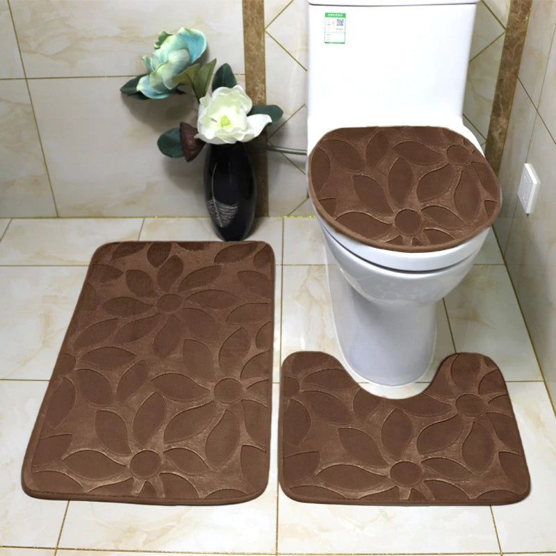 Conjunto de Tapete Banheiro 3 Peças com Design de Flores em Relevo Antiderrapante e Confortável