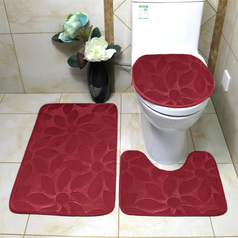 Conjunto de Tapete Banheiro 3 Peças com Design de Flores em Relevo Antiderrapante e Confortável