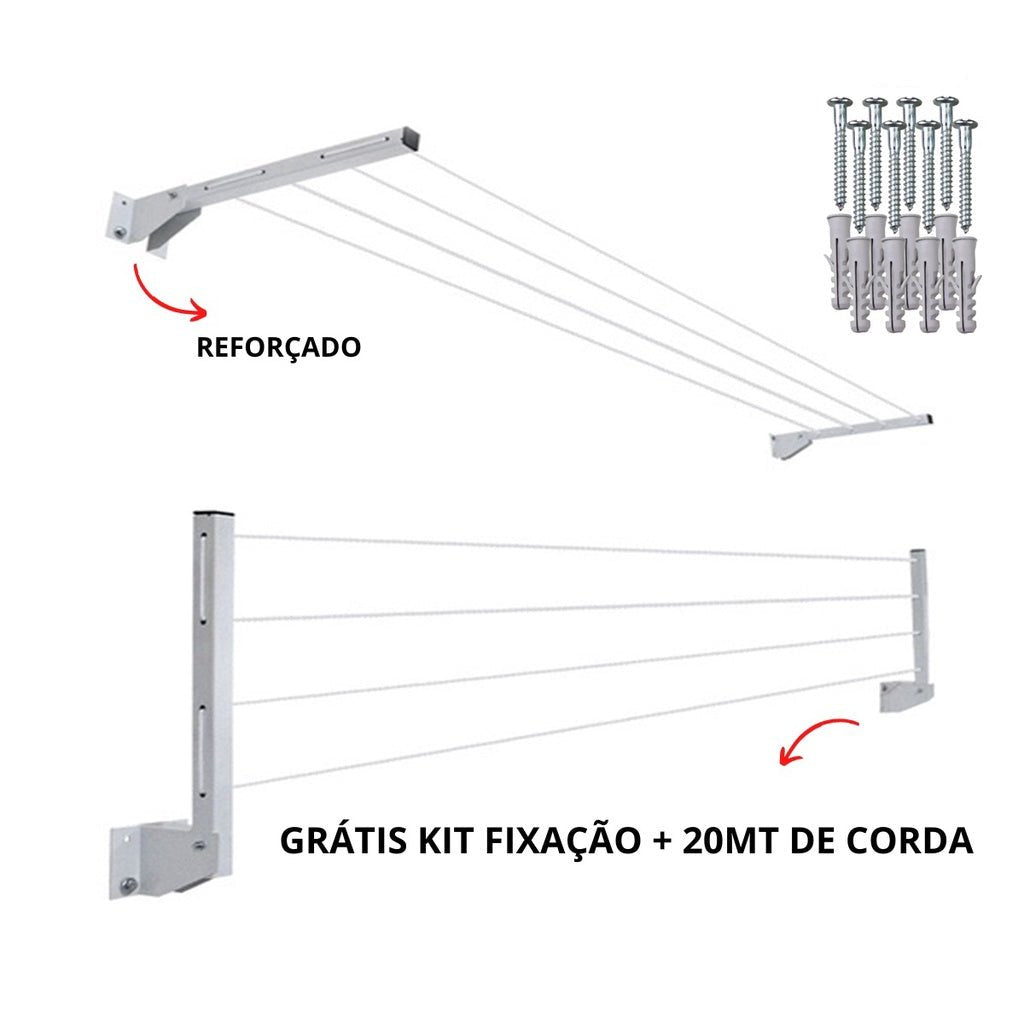 Varal Articulado Retrátil 100% Alumínio + 21m de Cabo Aço Encapado